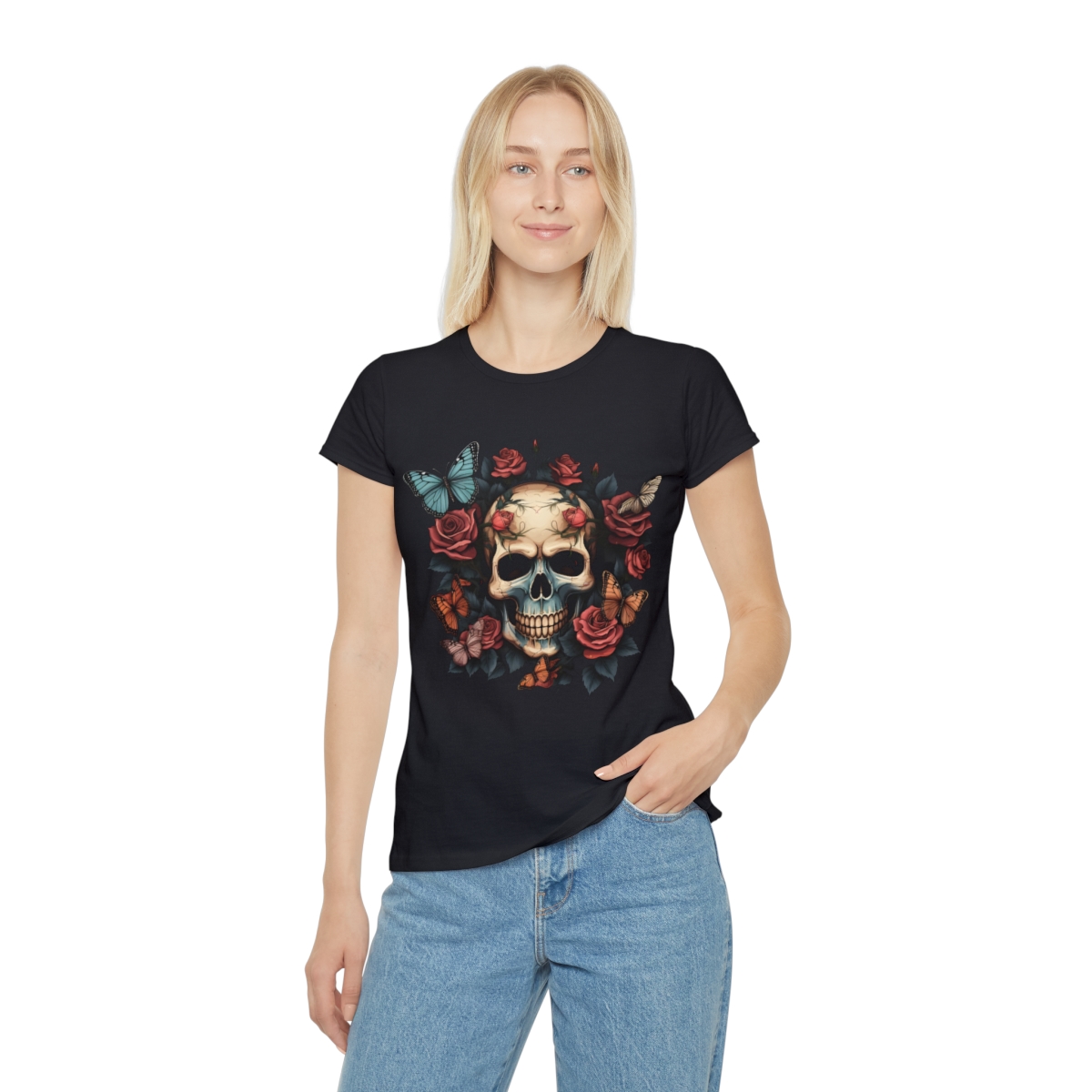 Black Skull'n'Roses Women's T-Shirt for girls with rock spirit Dulys Design