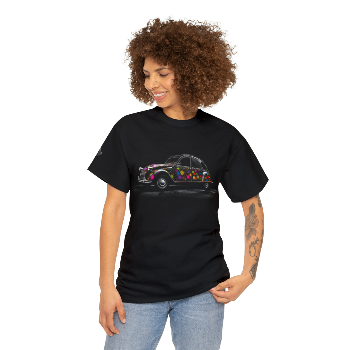 Black Tshirt Citroen 2CV Hippie Chic unisex for men and women  
